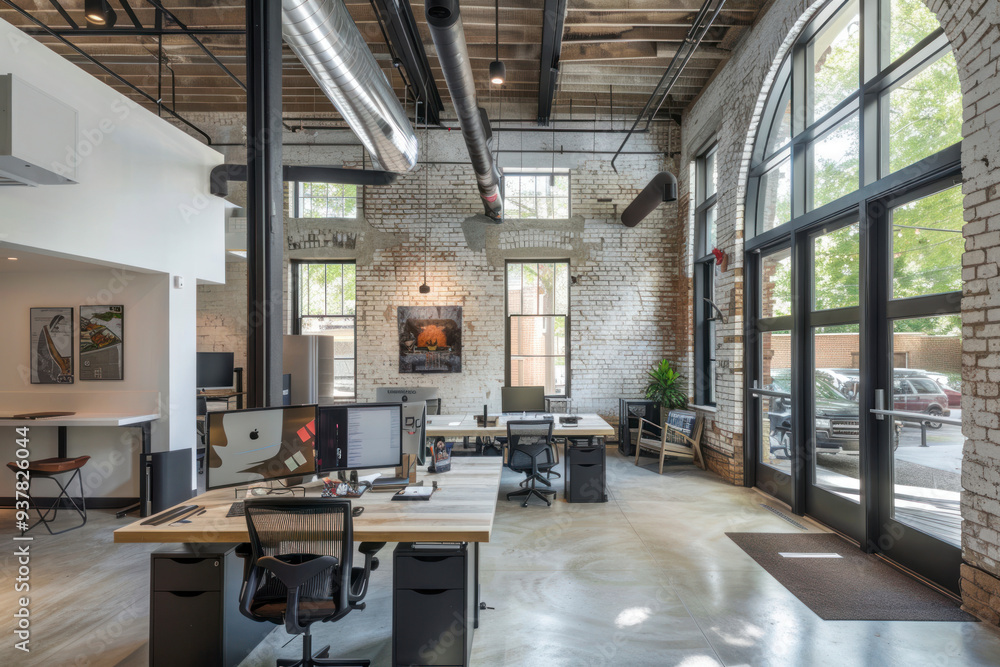 Urban industrial-style office space with white brick texture walls and minimalist workstations. Urban industrial-style office space with white brick texture walls and minimalist workstations.