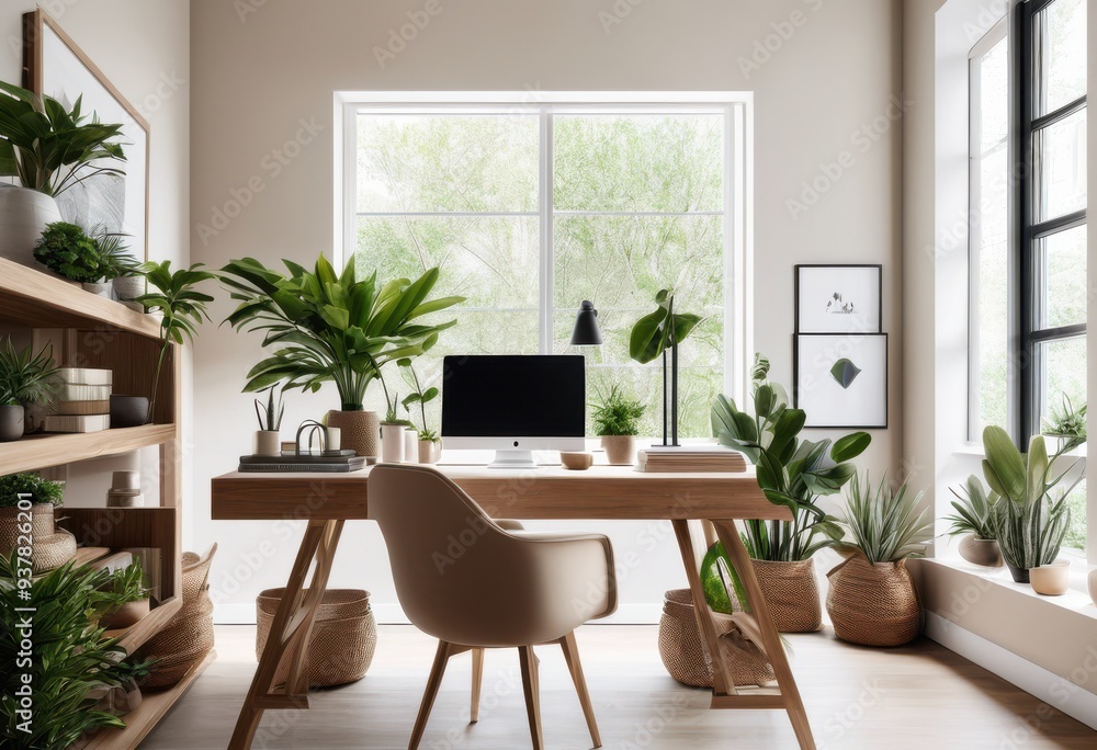 Fototapeta premium tranquil workspace featuring nature inspired clean minimal distractions enhanced focus productivity, decor, design, environment, minimalism, aesthetics