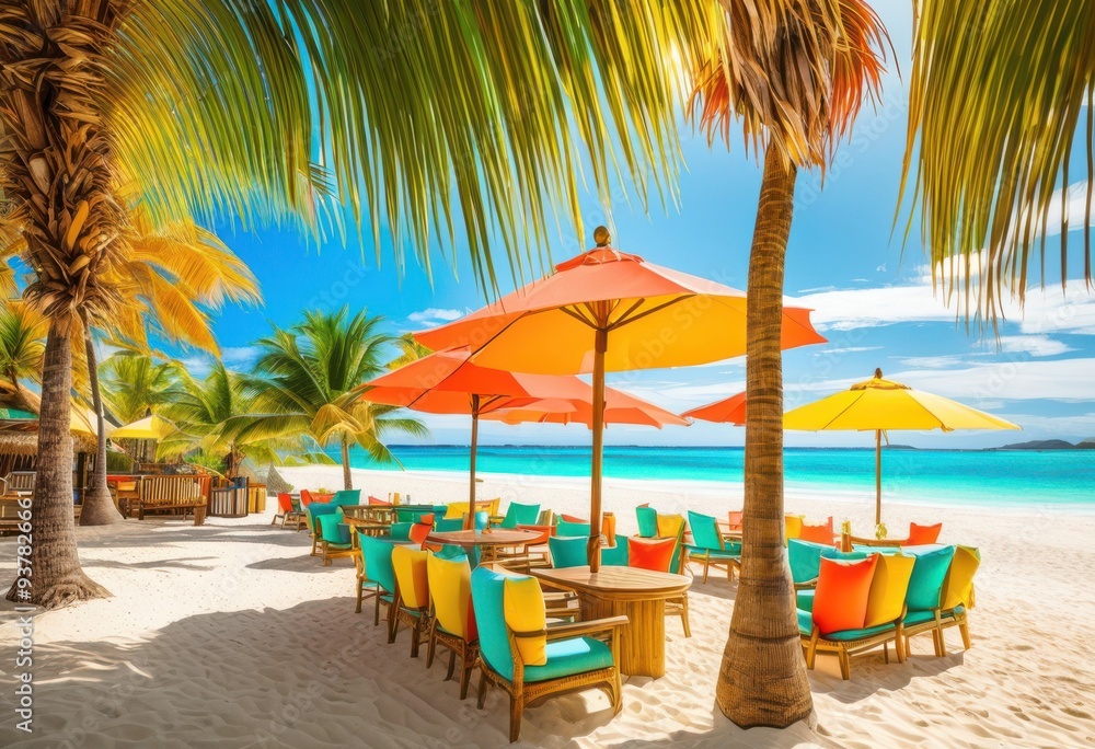 Fototapeta premium vibrant beach seating setup tropical decor elements showcasing colorful tables under clear blue skies, cushions, umbrellas, sun, sand, ocean, coastline, palm