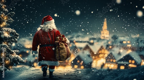 Santa claus with gift bag in a charming winter village under a starry christmas night sky photo