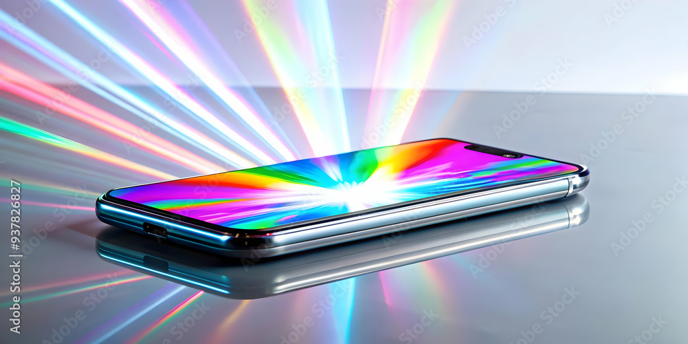 Holographic Smartphone on Sleek Background - Close-up of Modern Device with Reflective Surface and Light Beams, Isolated on White - Stock Photo Concept Holographic Smartphone on Sleek Background - Close-up of Modern Device with Reflective Surface and Light Beams, Isolated on White - Stock Photo Concept