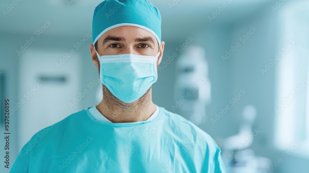 A confident male surgeon in a sterile environment, wearing a surgical mask and cap, prepared for a medical procedure. A confident male surgeon in a sterile environment, wearing a surgical mask and cap, prepared for a medical procedure.