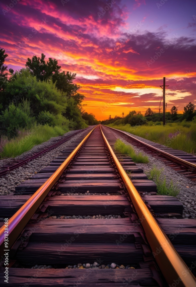 Obraz premium vibrant sunset reflecting weathered train tracks creating beautiful landscape scene, reflection, colors, sky, clouds, nature, evening, light, shadows