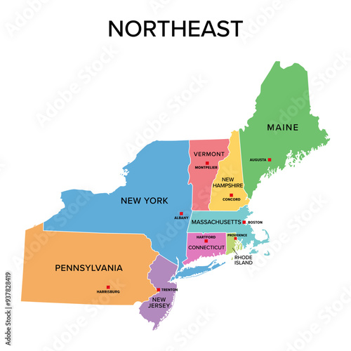 Northeast, U.S. census region, multi colored political map. Census region 1 of the United States, consisting of 9 single states. Colored silhouettes of single states with borders and their capitals.