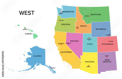 West, U.S. census region, multi colored political map. Census region 4 of the United States, consisting of 13 single states. Colored silhouettes of single states with borders and their capitals.