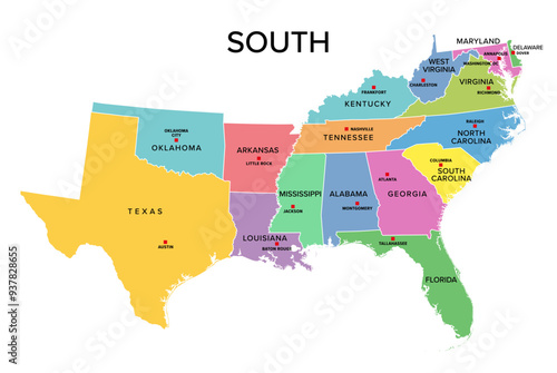 South, U.S. census region, colored political map. Census region 3 of United States, consisting of 16 single states and District of Columbia. Colored silhouettes of States with borders and capitals.