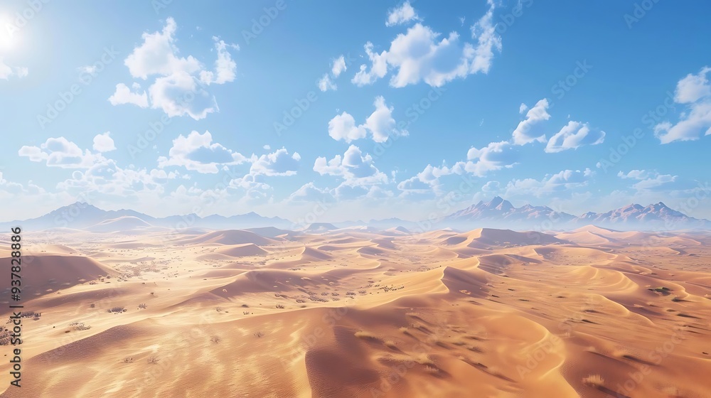 Naklejka premium A vast desert landscape under a bright blue sky with scattered clouds and distant mountains.