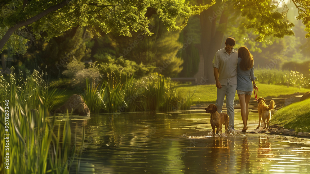 A couple enjoying a peaceful walk with their dogs by a serene pond surrounded by lush greenery during golden hour A couple enjoying a peaceful walk with their dogs by a serene pond surrounded by lush greenery during golden hour