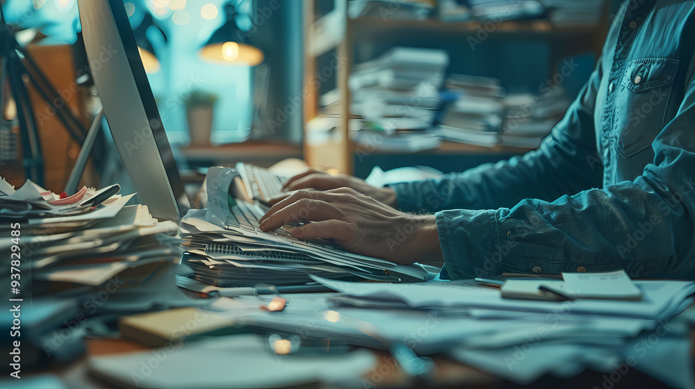 An office worker typing on a computer with mildly exaggerated colors and floating papers An office worker typing on a computer with mildly exaggerated colors and floating papers