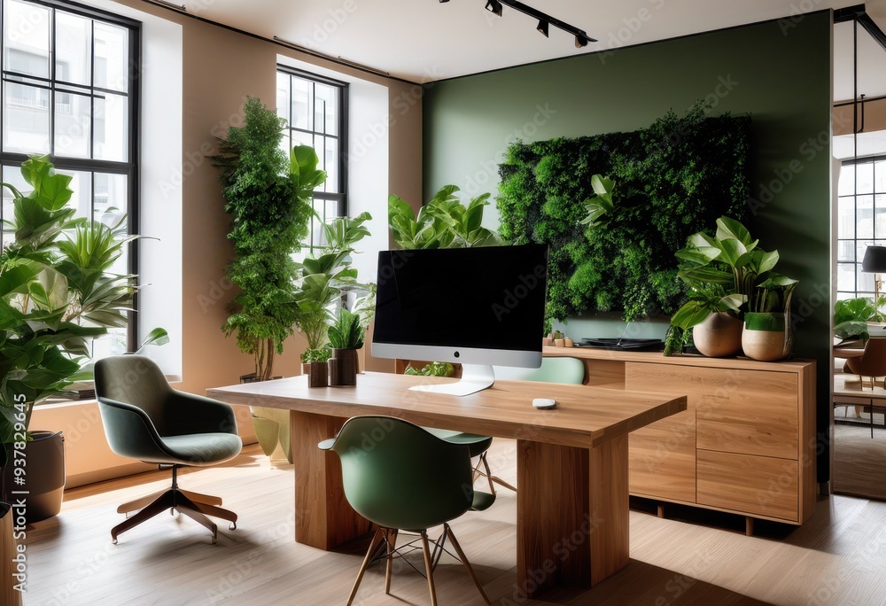 Fototapeta premium dynamic workspace showcasing modern design elements surrounded lush green plants fresh inviting atmosphere, greenery, interior, aesthetic, decor, furniture