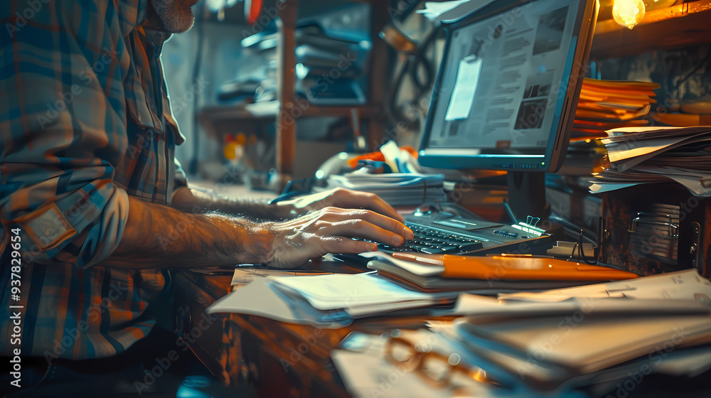An office worker typing on a computer with mildly exaggerated colors and floating papers An office worker typing on a computer with mildly exaggerated colors and floating papers