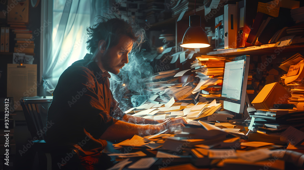 An office worker typing on a computer with mildly exaggerated colors and floating papers An office worker typing on a computer with mildly exaggerated colors and floating papers