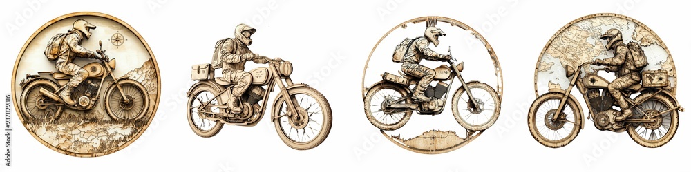 Obraz premium Sepia illustrations of adventure motorcycle riders featuring maps and compass motifs, symbolizing exploration and travel across rugged terrains.