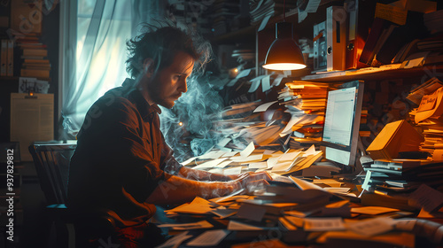 An office worker typing on a computer with mildly exaggerated colors and floating papers