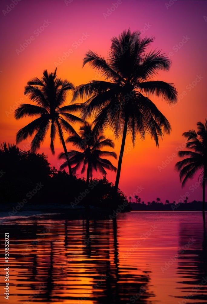 Obraz premium tropical palm silhouette framed vibrant sunset hues purple stunning natural landscape, orange, pink, sky, clouds, evening, scenery, light, colors, beauty