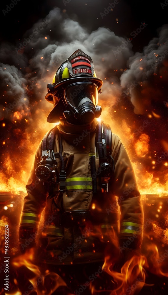 Firefighter with burning background Firefighter with burning background