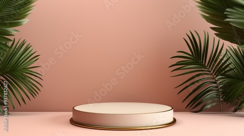 Beige background for product presentation with shadow of tropical palm leaves and light. Neural network ai generated art