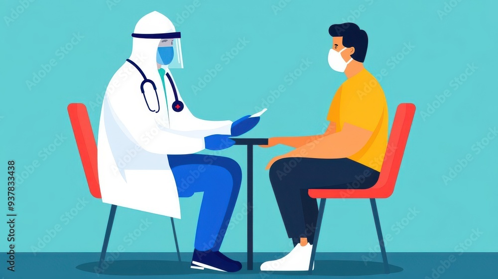 A healthcare professional in protective gear conducts a consultation with a patient in a safe environment. A healthcare professional in protective gear conducts a consultation with a patient in a safe environment.