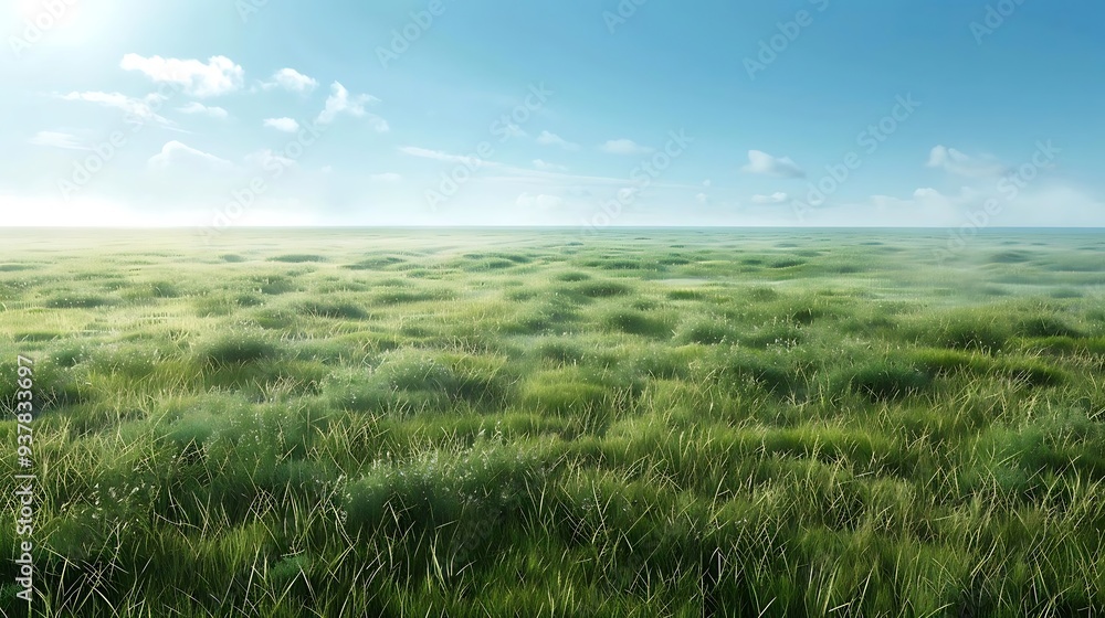 Obraz premium A serene landscape featuring lush green grass under a clear blue sky.