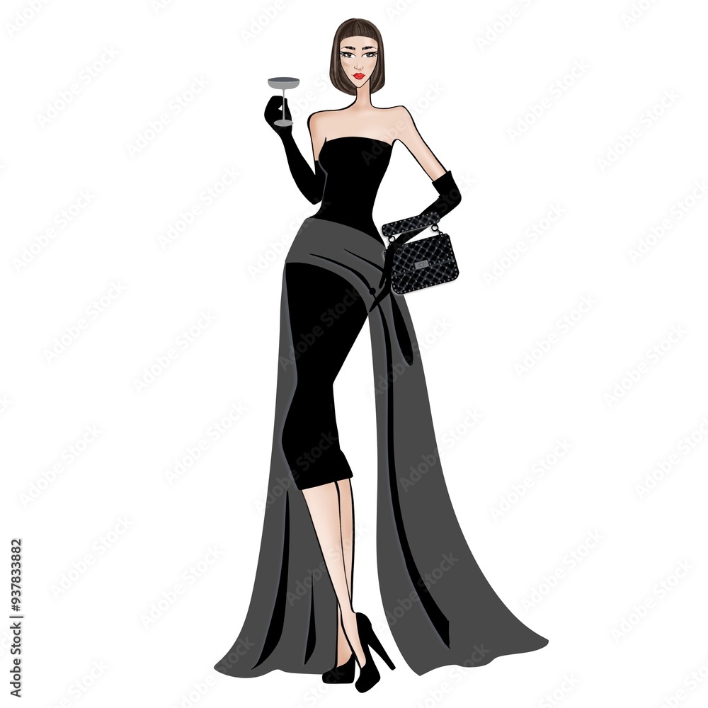 Fashion illustration on a white background Woman in an evening black dress with a glass of wine and luxury bag. Outfit for Halloween Fashion illustration on a white background Woman in an evening black dress with a glass of wine and luxury bag. Outfit for Halloween