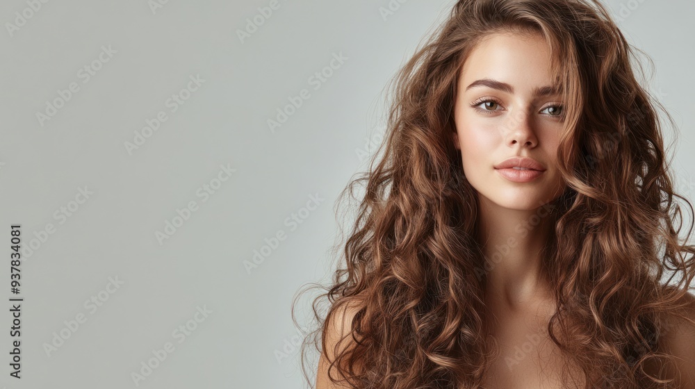 Naklejka premium Beautiful Woman with Long Curly Hair - Portrait of a beautiful woman with long, voluminous curly hair, exuding natural beauty and confidence in a minimalist setting.
