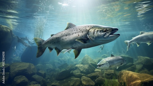 Predatory fish beautiful Salmon models in crystal clear water. Neural network ai generated art