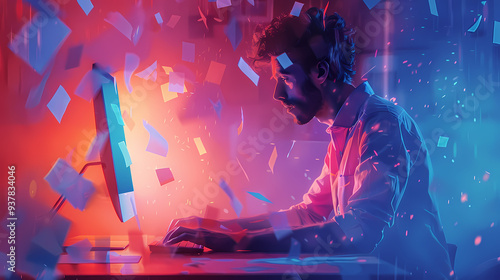 An office worker typing on a computer with mildly exaggerated colors and floating papers photo