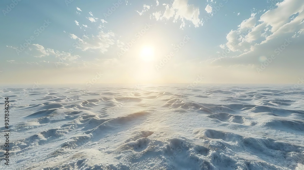 A serene landscape of snow-covered terrain under a bright sun and blue sky. A serene landscape of snow-covered terrain under a bright sun and blue sky.