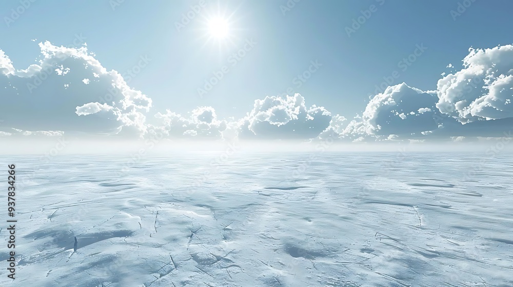 A serene icy landscape with a bright sun and fluffy clouds, evoking tranquility and vastness. A serene icy landscape with a bright sun and fluffy clouds, evoking tranquility and vastness.