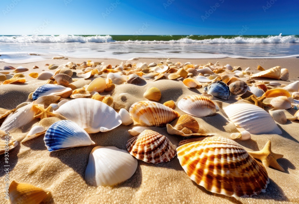 vibrant seaside views featuring colorful shells roaring surf under bright blue sky, beach, ocean, waves, sand, coastal, landscape, nature, marine, tourism vibrant seaside views featuring colorful shells roaring surf under bright blue sky, beach, ocean, waves, sand, coastal, landscape, nature, marine, tourism