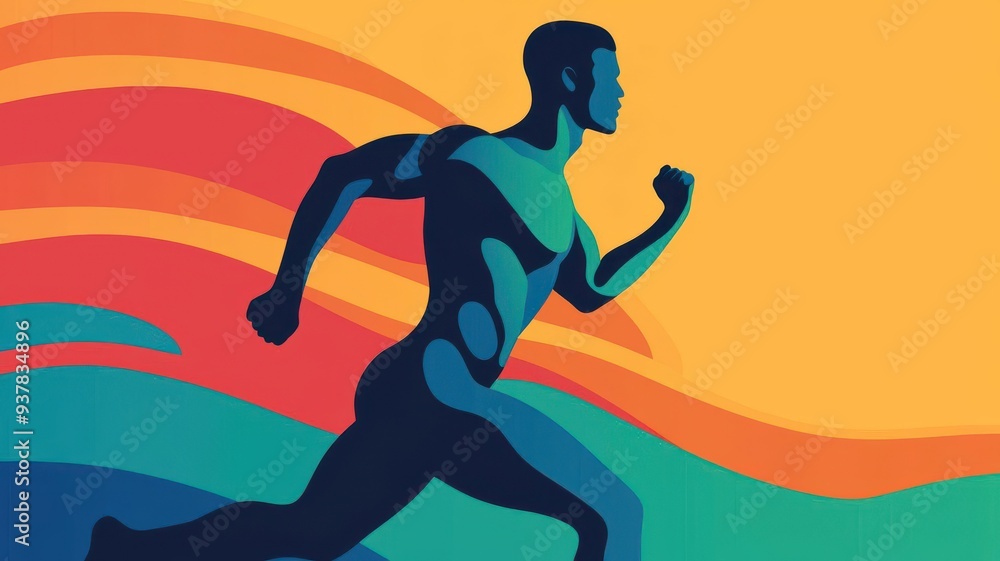 Naklejka premium Dynamic silhouette of a runner in motion, embodying energy and athleticism against a vibrant abstract background.