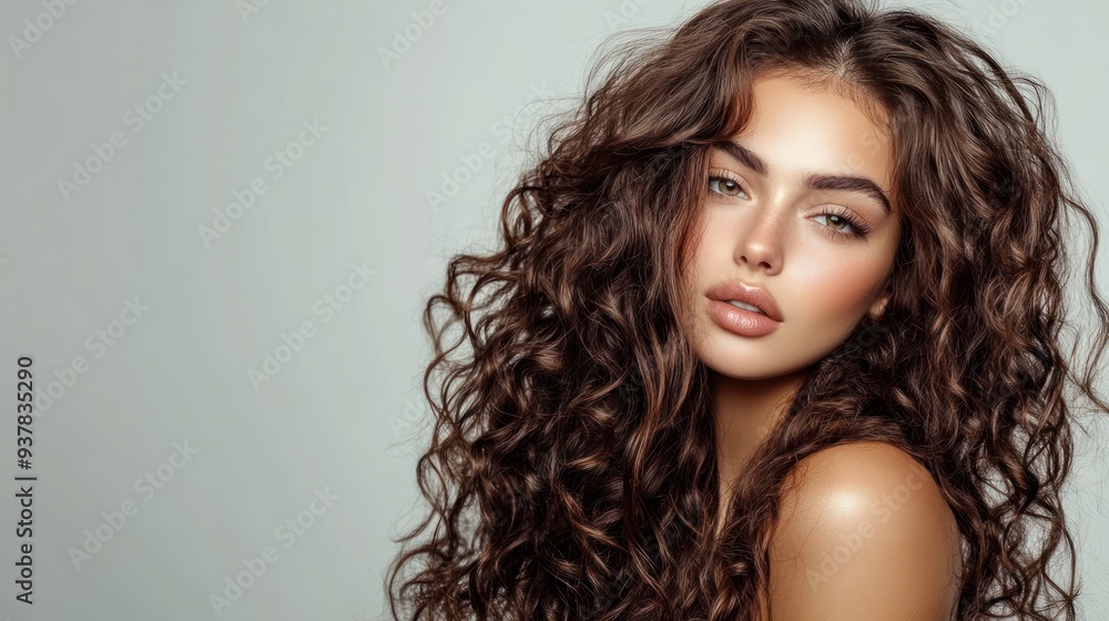 Beautiful Woman with Long Curly Hair - Portrait of a beautiful woman with long, voluminous curly hair, exuding natural beauty and confidence in a minimalist setting. Beautiful Woman with Long Curly Hair - Portrait of a beautiful woman with long, voluminous curly hair, exuding natural beauty and confidence in a minimalist setting.