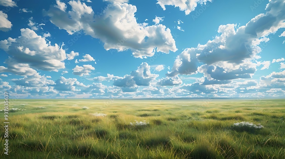 A serene landscape featuring a vast field under a bright blue sky filled with fluffy clouds. A serene landscape featuring a vast field under a bright blue sky filled with fluffy clouds.