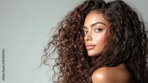 Beautiful Woman with Long Curly Hair - Portrait of a beautiful woman with long, voluminous curly hair, exuding natural beauty and confidence in a minimalist setting.