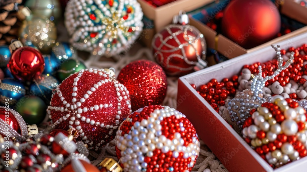 red and white beadwork Christmas ornaments in different sizes red and white beadwork Christmas ornaments in different sizes