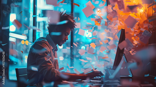 An office worker typing on a computer with mildly exaggerated colors and floating papers photo