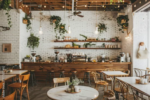 Obraz Chic cafe interior with white brick texture accent walls.