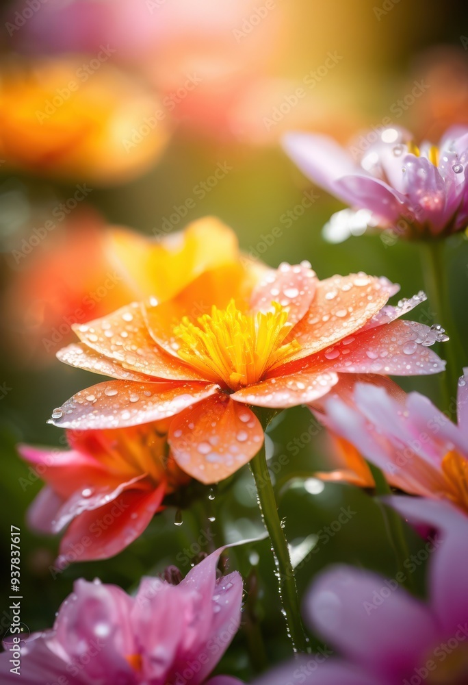 Naklejka premium vibrant floral details illuminated soft natural light creating lively bright atmosphere garden scene, flower, petal, blossom, bloom, sunlight, color