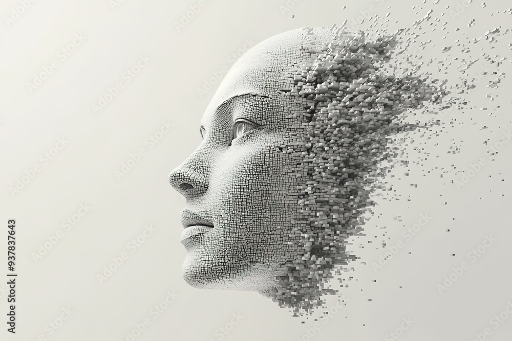 Female profile disintegrating into pixels, concept of digital id Female profile disintegrating into pixels, concept of digital id