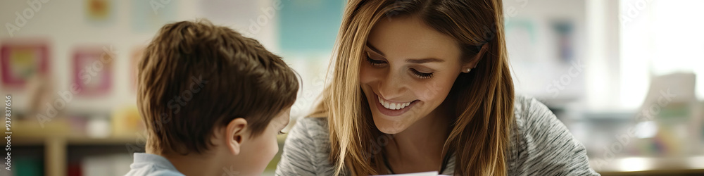 Smiling Caucasian teacher helping student with school work in classroom Smiling Caucasian teacher helping student with school work in classroom