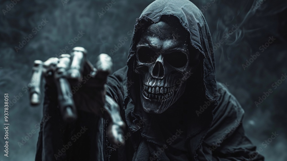 Scary grim reaper in a dark room with smoke. Halloween concept. Scary grim reaper in a dark room with smoke. Halloween concept.