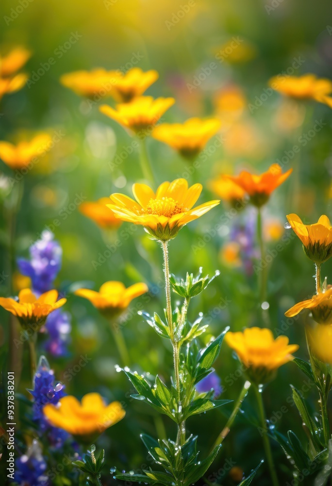 Fototapeta premium vibrant close ups bright wildflower fields capturing beauty colorful blossoms lush greenery, nature, petal, floral, landscape, spring, summer, flora, meadow