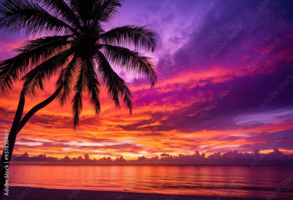 vibrant palm silhouette stunning sunset backdrop rich colors deep shadows, sky, orange, red, yellow, clouds, light, evening, tropical, beach, landscape