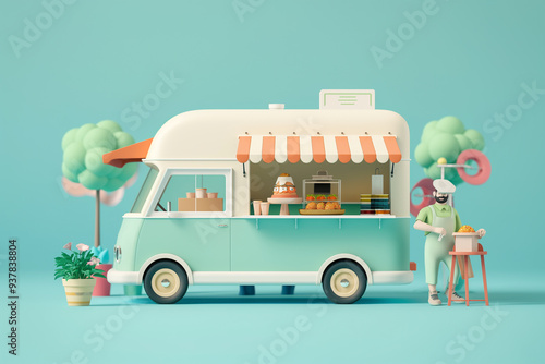 3D cartoon of food truck and owner. Automobile cafe or restaurant, takeaway food and drinks. copy space photo