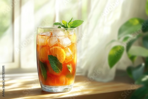 Refreshing Iced Tea with Lemon and Mint in a Glass