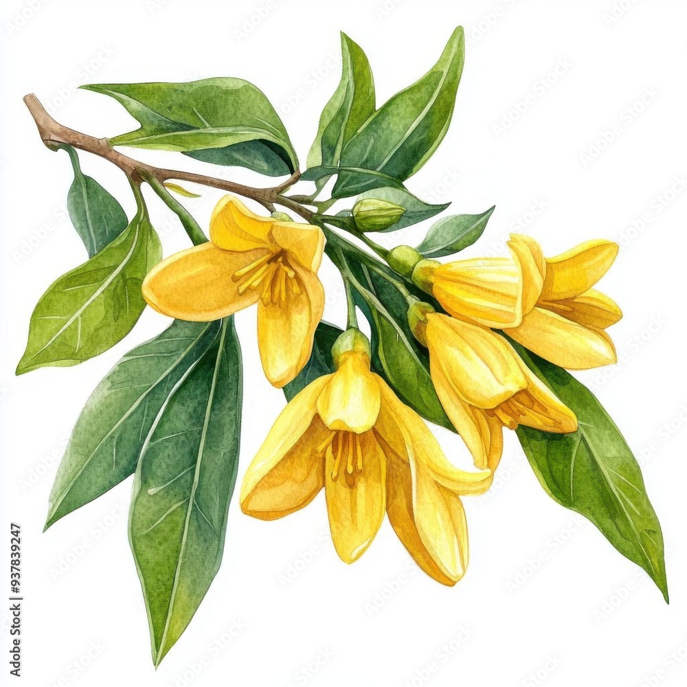 Obraz premium Ylangylang with artistic border, brushstroke effect, isolated on white background, watercolor on white background, no blur, photo not dark, everything is clear, copy space