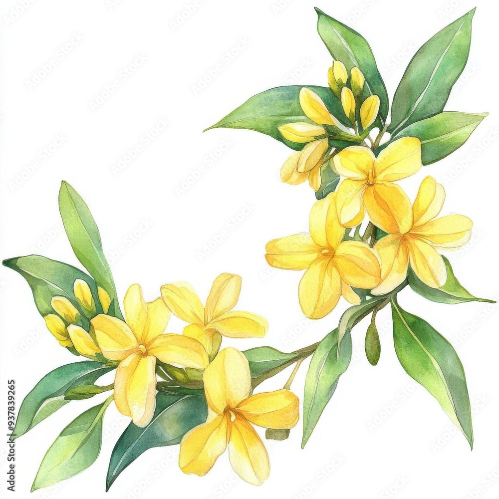 Obraz premium Ylangylang with fluid border, watercolor wash, isolated on white background, watercolor on white background, no blur, photo not dark, everything is clear, copy space