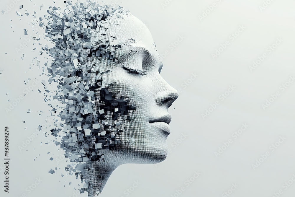 Woman's head dispersing into pixels on one side Woman's head dispersing into pixels on one side