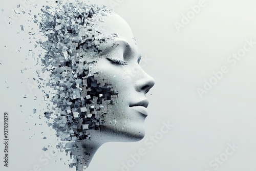 Woman's head dispersing into pixels on one side