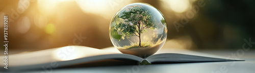 A crystal ball with tree inside sits on an open book, symbolizing knowledge and nature.